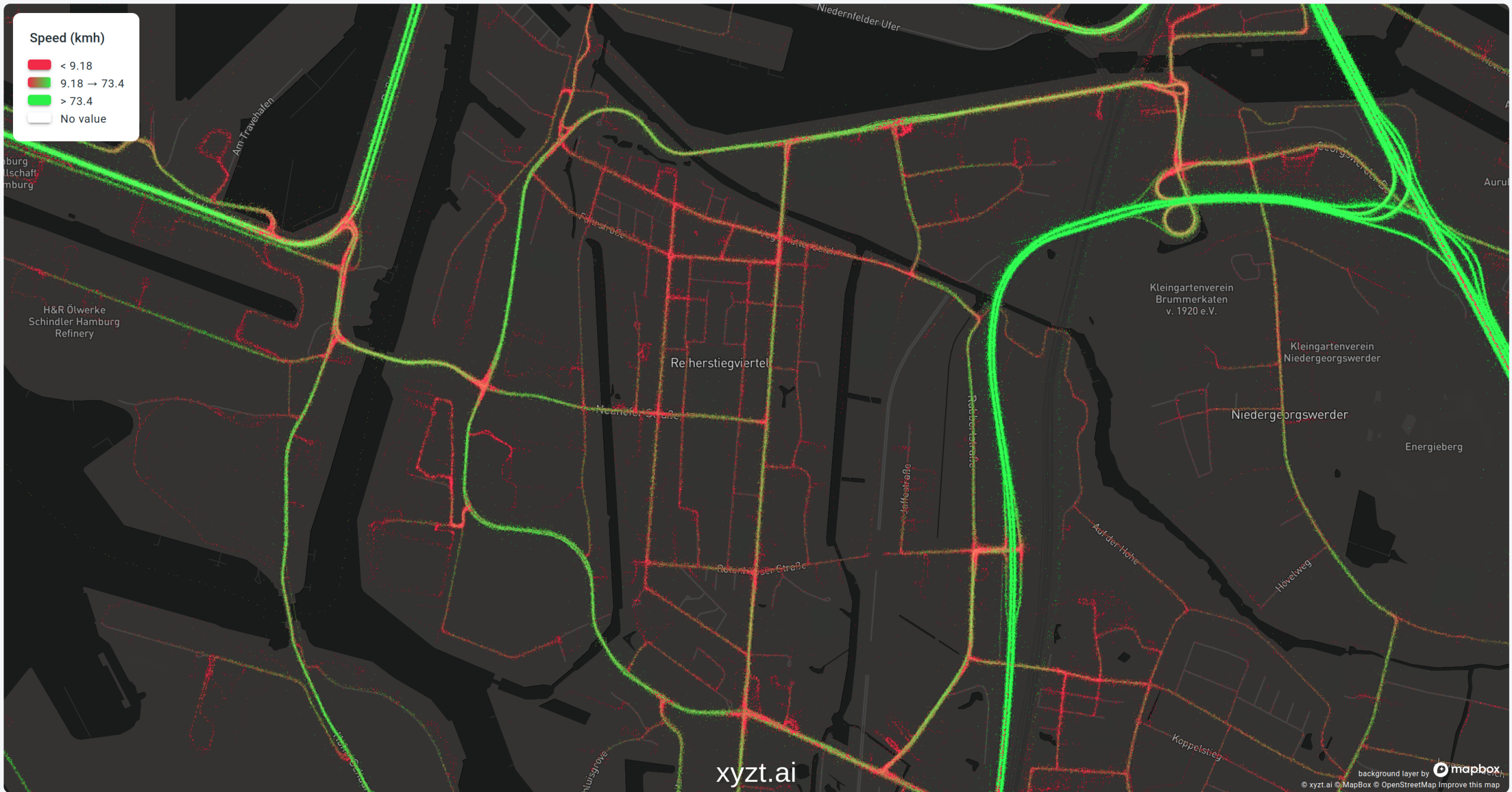 Connected car data in Berlin, Germany. Red indicates low speeds, green high speeds. Data provided by Inrix and visualized by xyzt.ai.
