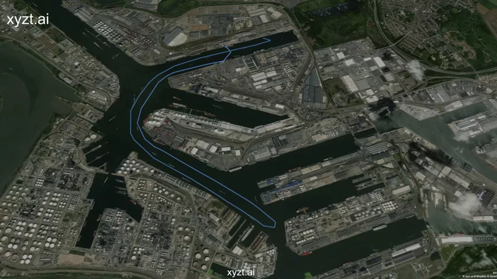 An anomalous vessel movement in Port of Antwerp visualized and made possible by the xyzt.ai platform and its artificial intelligence.
