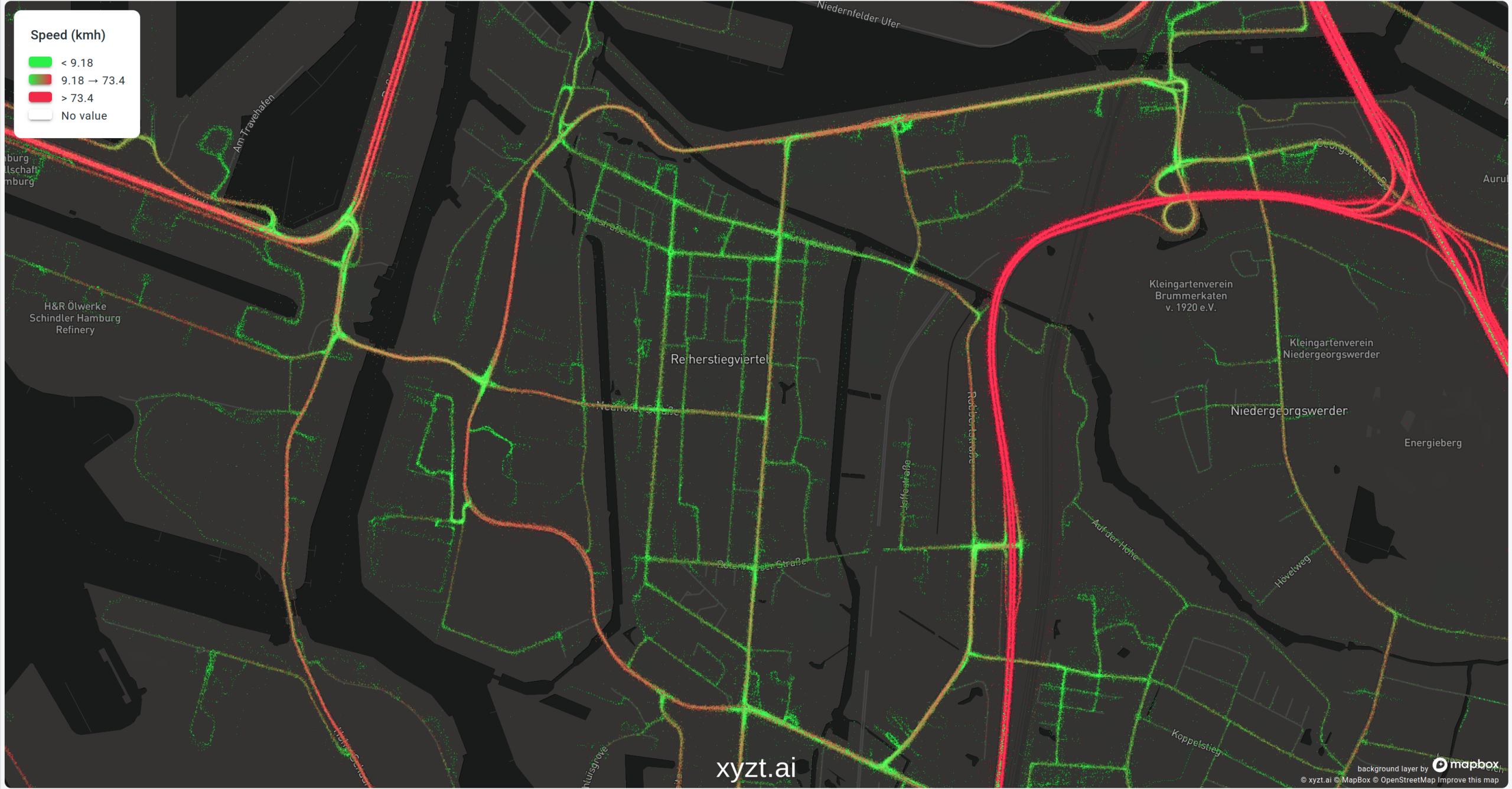 Connected car data in Berlin, Germany. Green indicates low speeds, red high speeds. Data provided by Inrix and visualized by xyzt.ai.