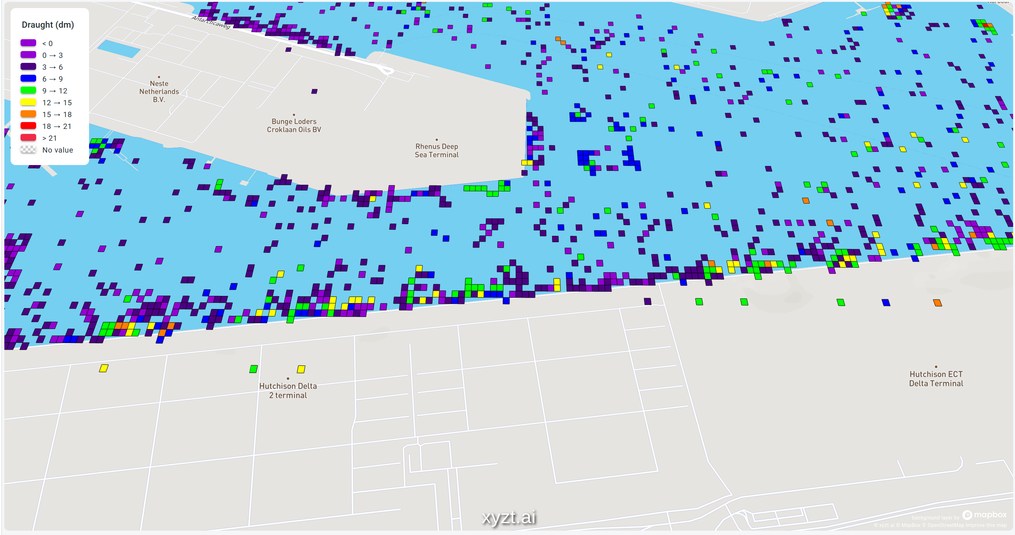 Maritime data in the Port of Rotterdam showing the draught of the vessels using a rainbow color map. Data provided by Spire Maritime and visualized by xyzt.ai.