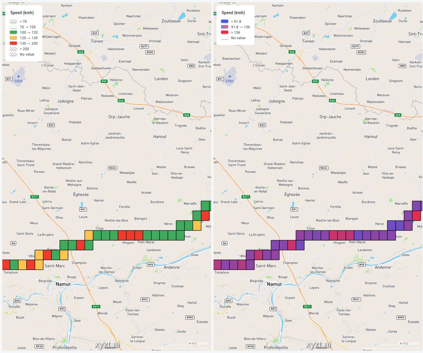 Split view analysis visualizing the velocity of vehicles using few distinct colors (left) vs gradient-based color map (right). Connected car data provided by Inrix and visualized by xyzt.ai.