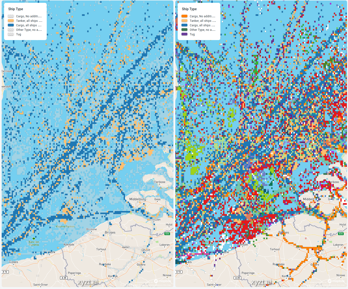 Using colors to filter out relevant subsets of the data. Maritime data provided by Spire Maritime and visualized by xyzt.ai.