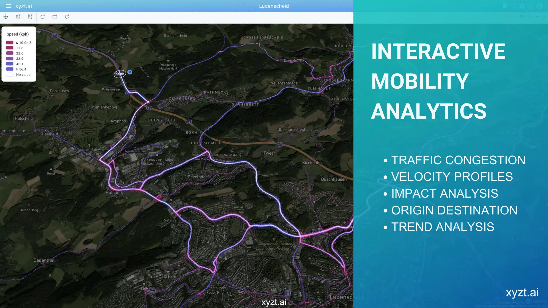 Advanced interactive mobility analytics for use cases such as traffic congestion, velocity profiles, impact analysis, origin destination, trend analysis, and more.