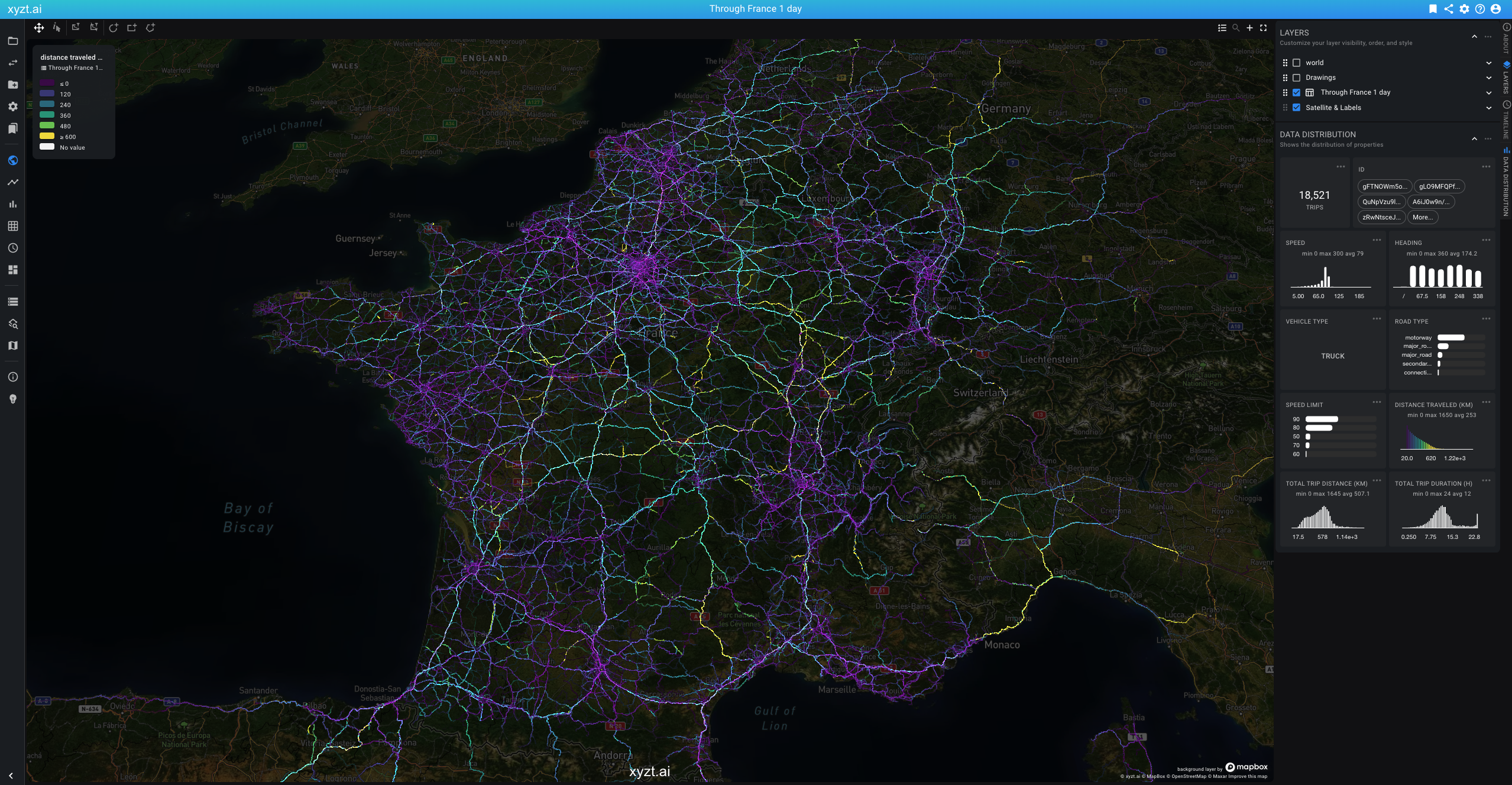 Truck traffic through France analyzed in the xyzt.ai platform by distance traveled