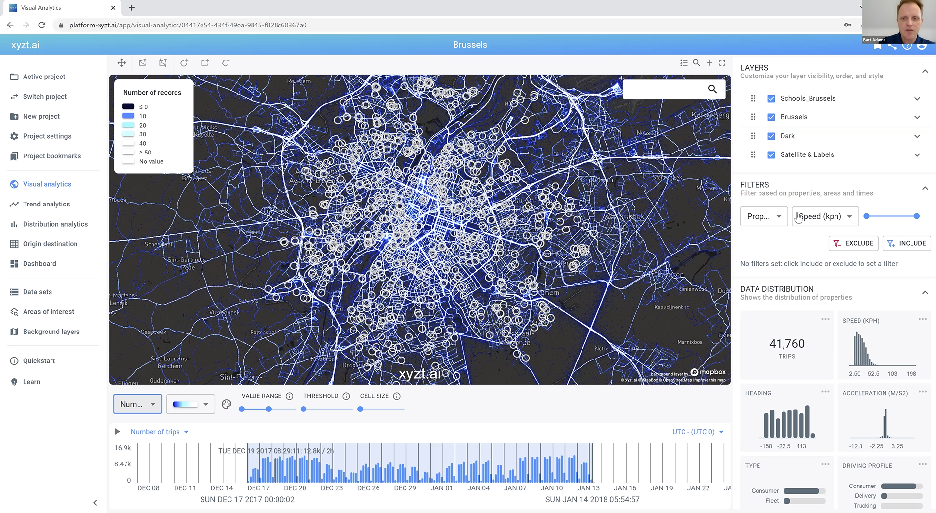 Schools of Brussels visualized as areas of interest (circles) on top of trips data.