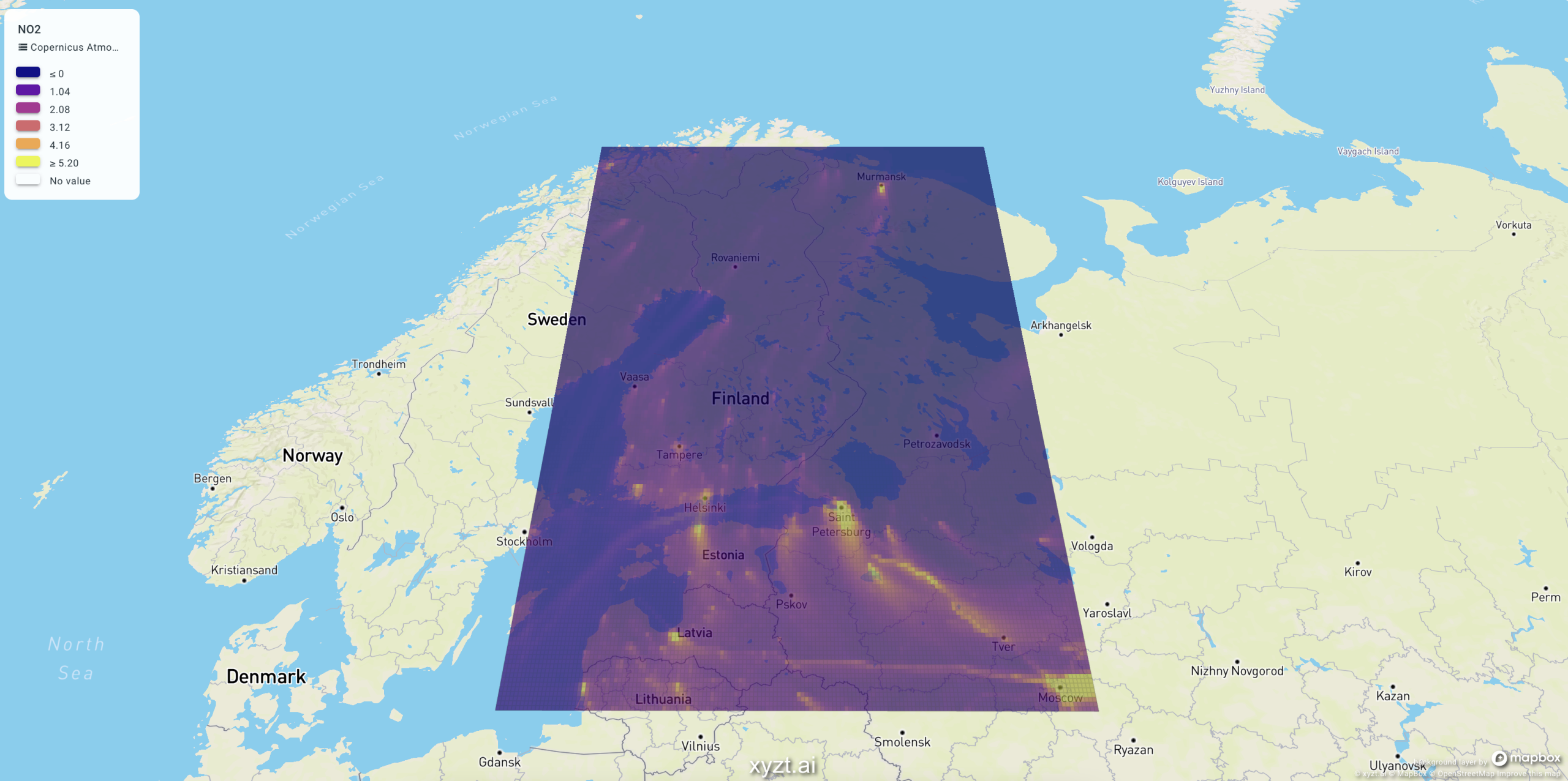 NO2 emissions in the Finland area. High emissions are seen in densely populated areas and along major roads. data from the EU Copernicus programme.