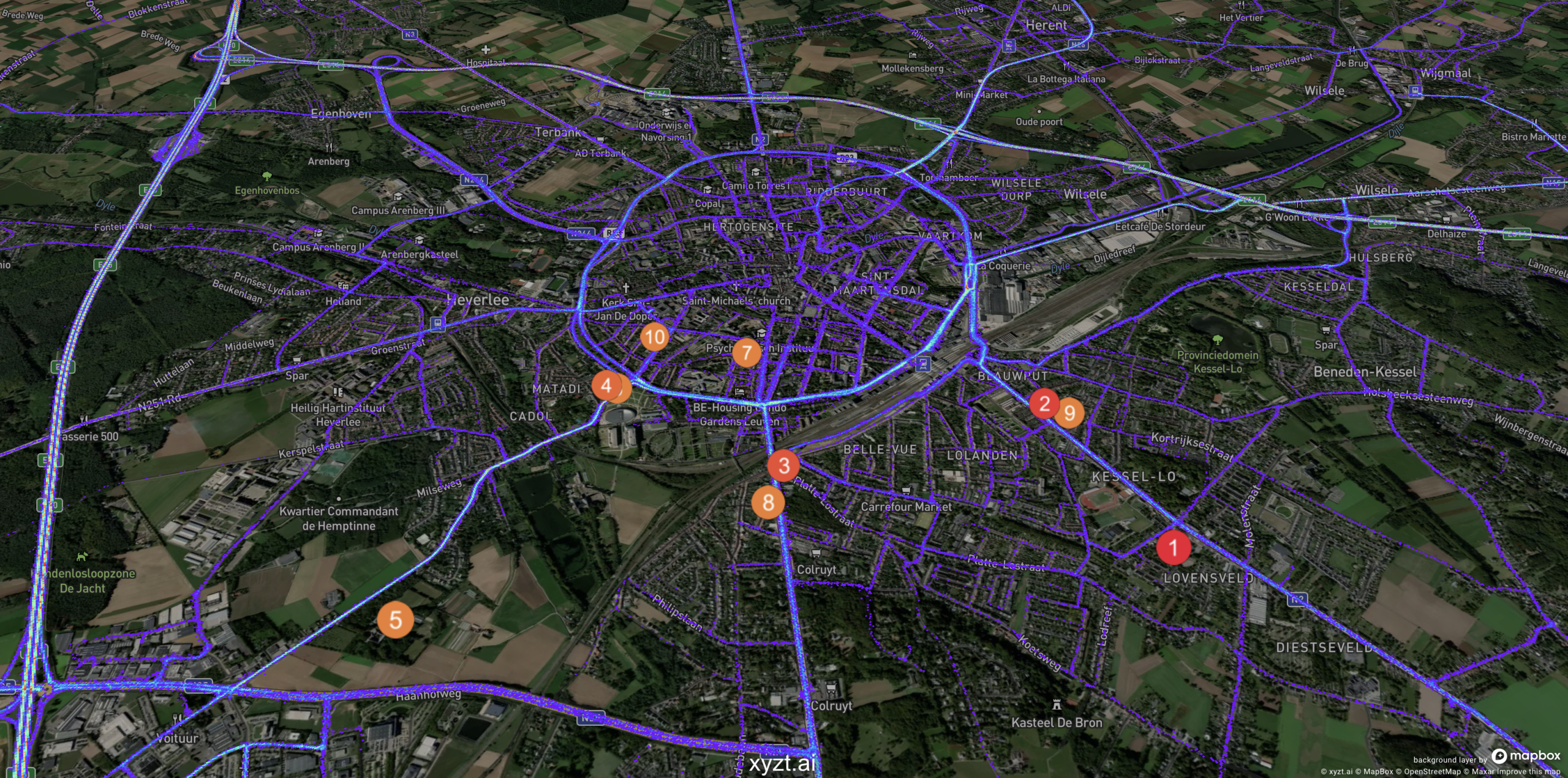 Combining floating vehicle data with points of interest data, such as the location of schools, provides municipalities with easy insights on which school areas see most heavy traffic during school morning and evening hours. Data from xyzt.ai and Open Street Maps.